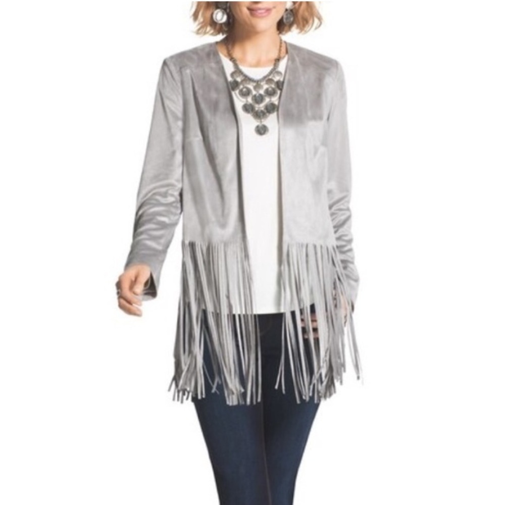 Chico’s Faux Suede Jacket Fringe Open Front Lined Blazer Chico 2 Womens L